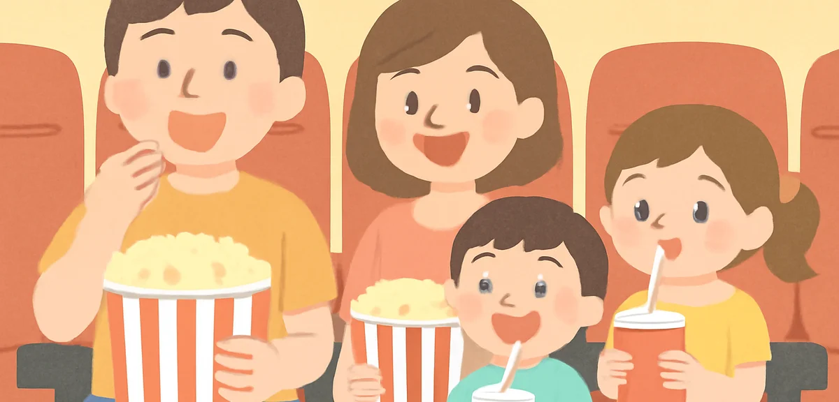 Family with children enjoying popcorn and drinks at a movie theater during summer vacation, cheerful