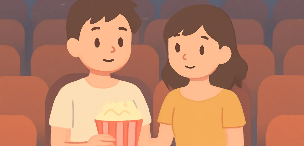 Couple watching a late-night movie in a quiet theater, dim lighting, relaxed summer evening mood
