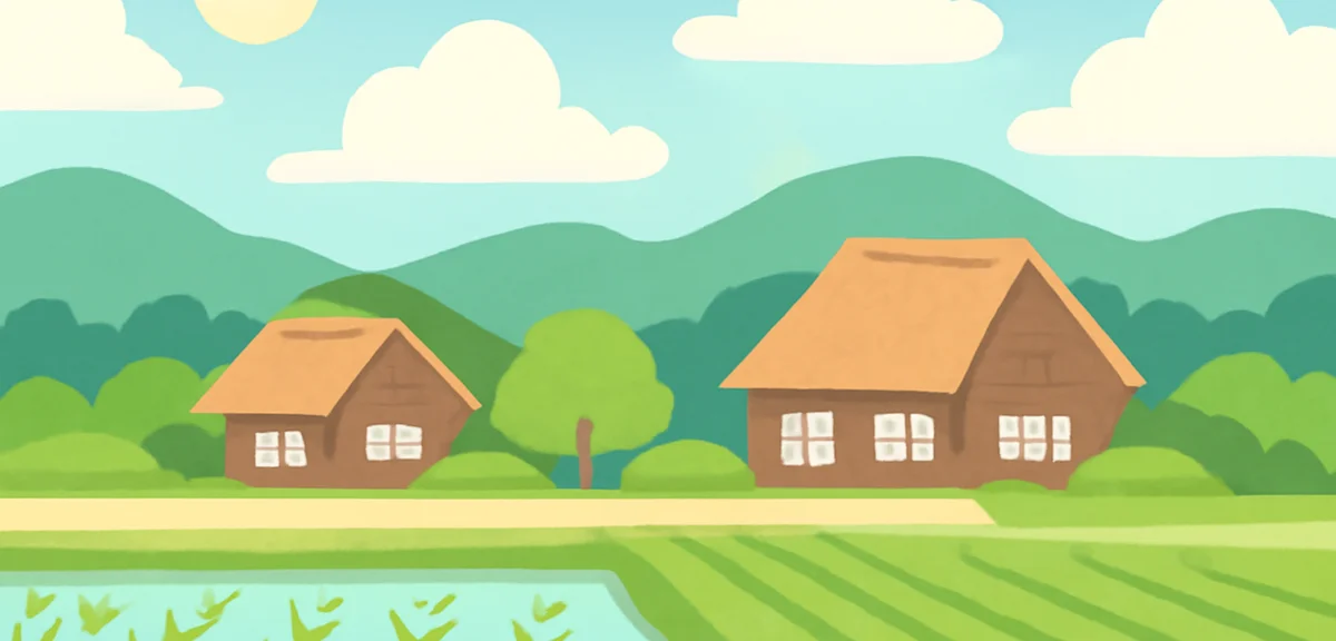 Japanese summer countryside village with green rice fields, traditional houses, blue sky, peaceful r