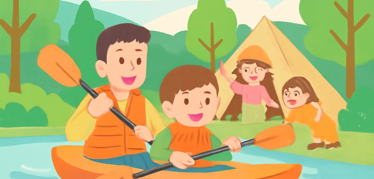 Family experiencing outdoor activities like kayaking and camping in a summer forest, smiling faces, 