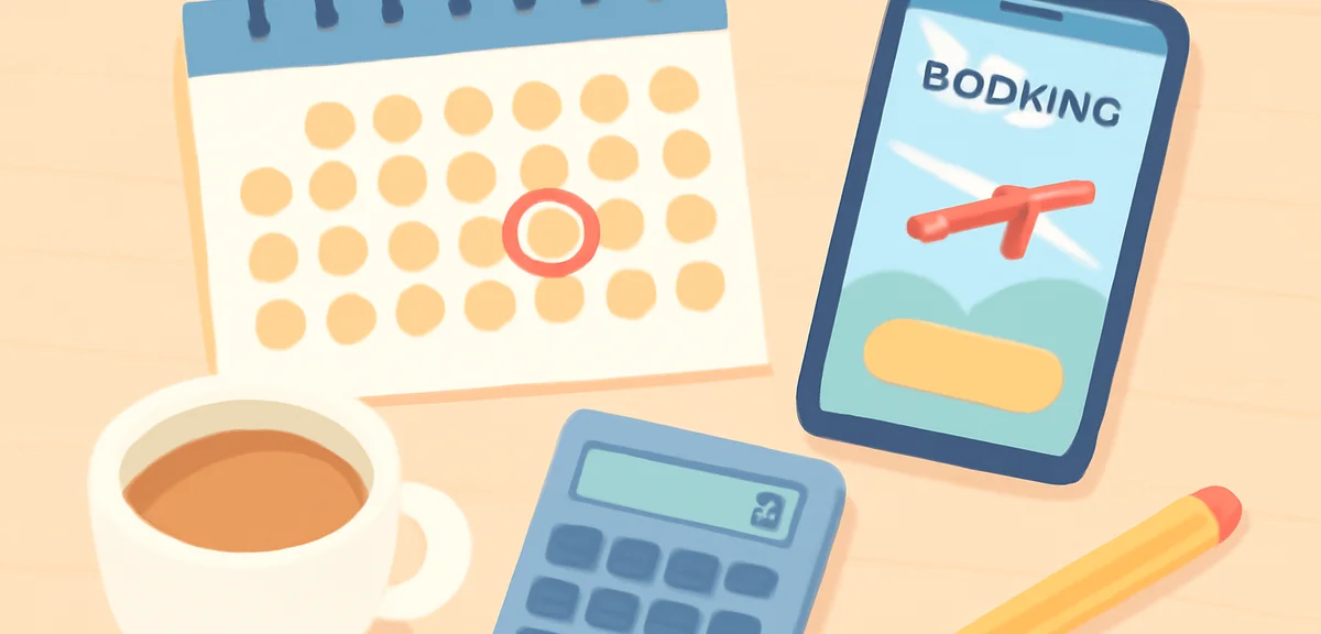 Travel planning scene with calendar, calculator, smartphone showing booking app, coffee cup, organiz