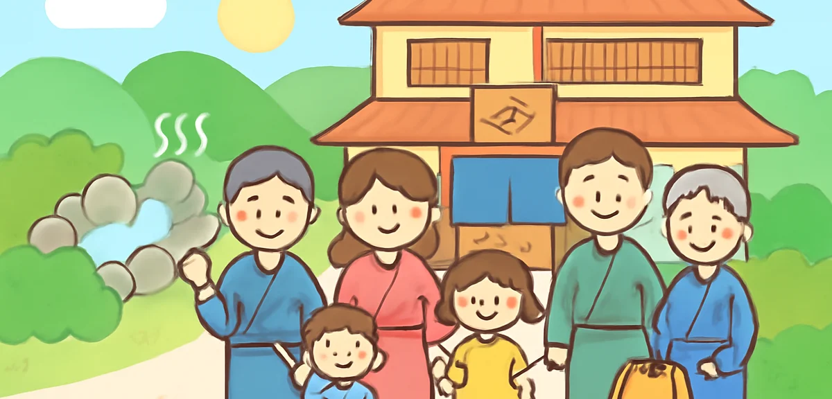 Three generation family travel scene at a Japanese hot spring resort in summer, grandparents and gra