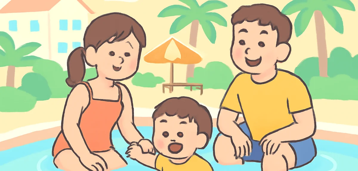 Young parents with toddler enjoying a family-friendly summer resort with shallow pool, soft lighting