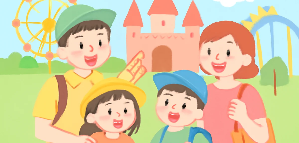 Elementary school children with parents exploring a theme park during summer holidays, excited faces