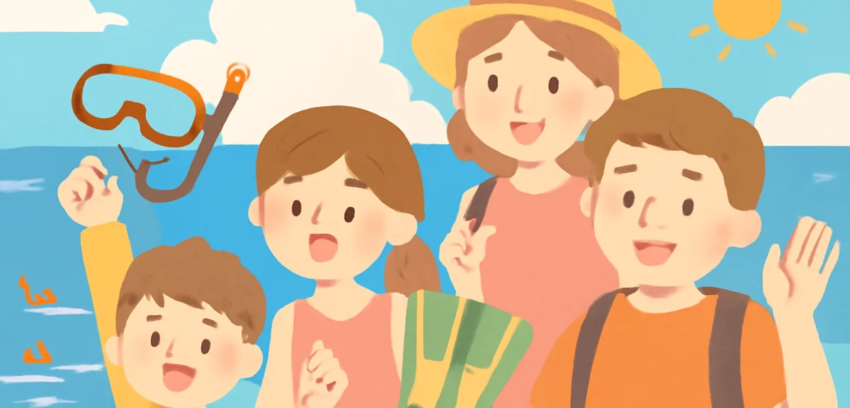 Teenage children with family on a summer travel trip, marine activities, snorkeling gear, blue sea, 