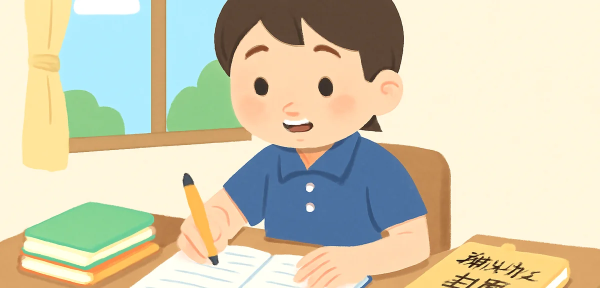 Japanese junior high school student studying at desk with summer homework, organized notebooks and t