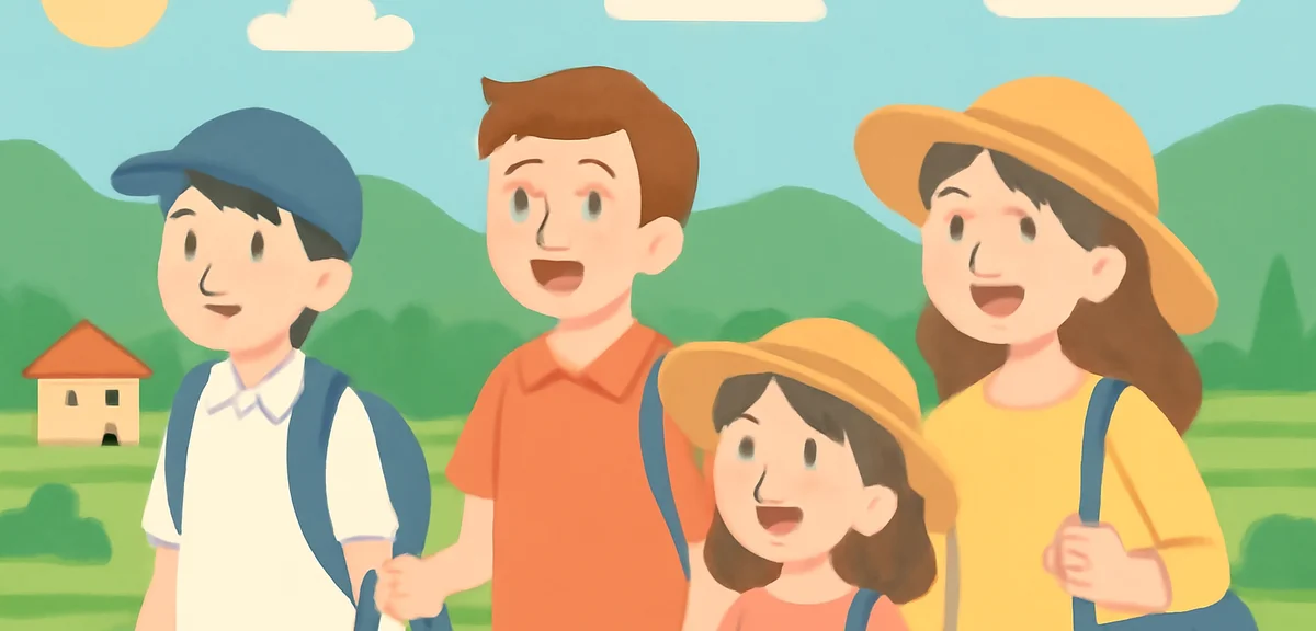 Family of junior high school student enjoying summer trip together at a Japanese countryside, relaxe