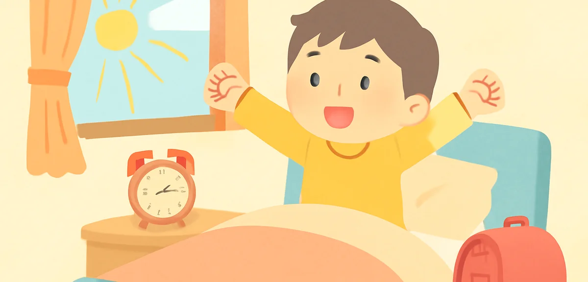 A Japanese elementary school child waking up early with morning sunlight, alarm clock visible, peace