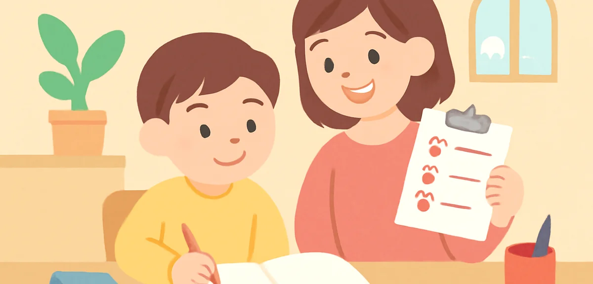 Parent and elementary school child reviewing homework checklist together at home, peaceful study atm