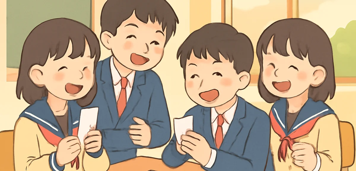 Japanese high school students laughing together while reading senryu cards in a classroom, summer af