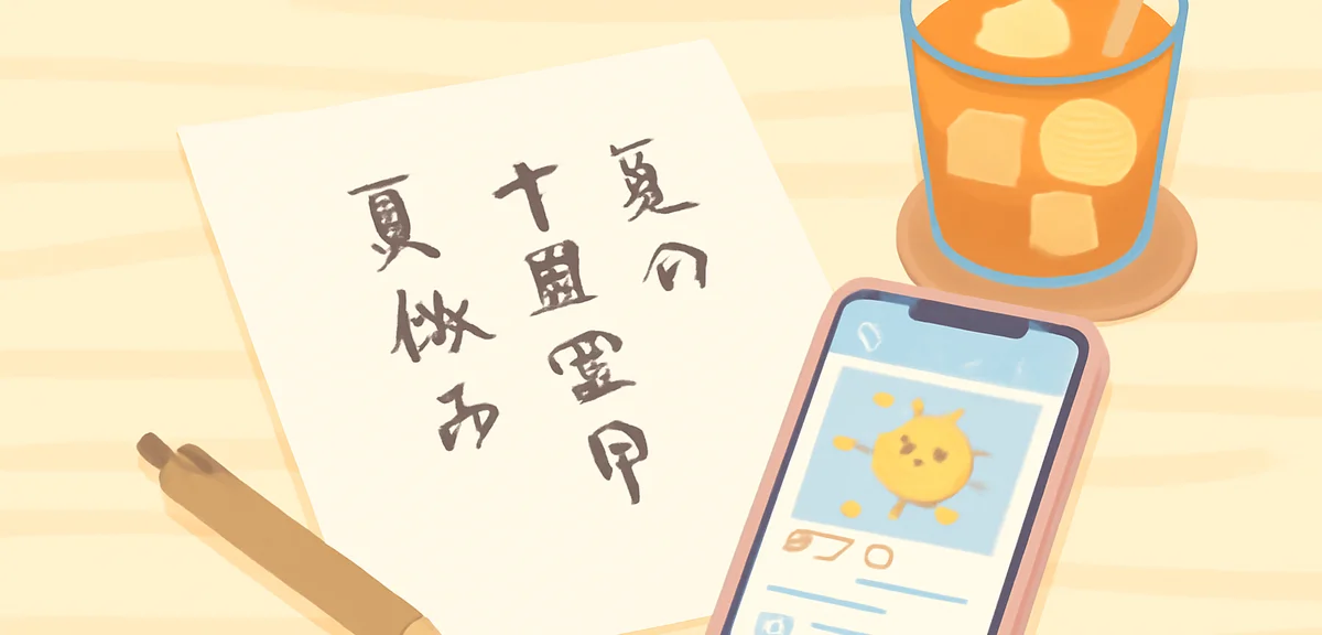 A smartphone displaying social media beside a paper with handwritten senryu, iced drink on a wooden 