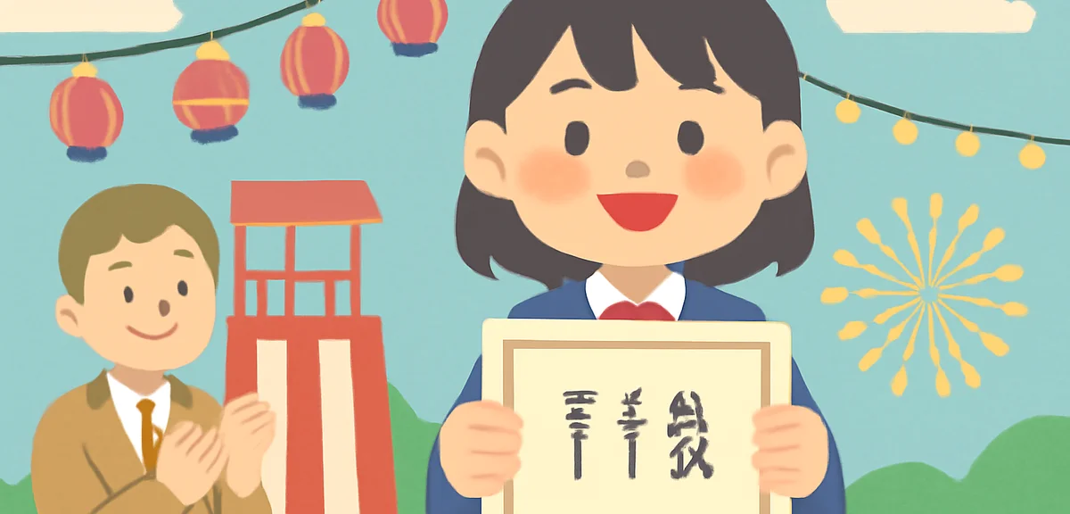 An award ceremony scene with a high school student holding a senryu contest certificate, summer fest