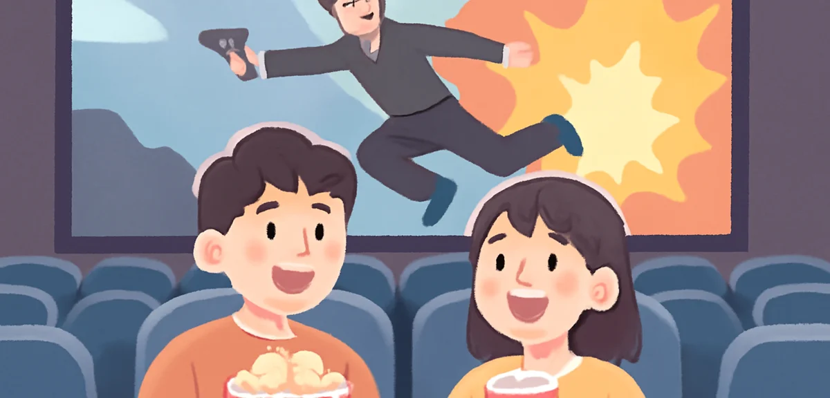 A young Japanese couple enjoying a Hollywood blockbuster in an IMAX theater, big screen action scene