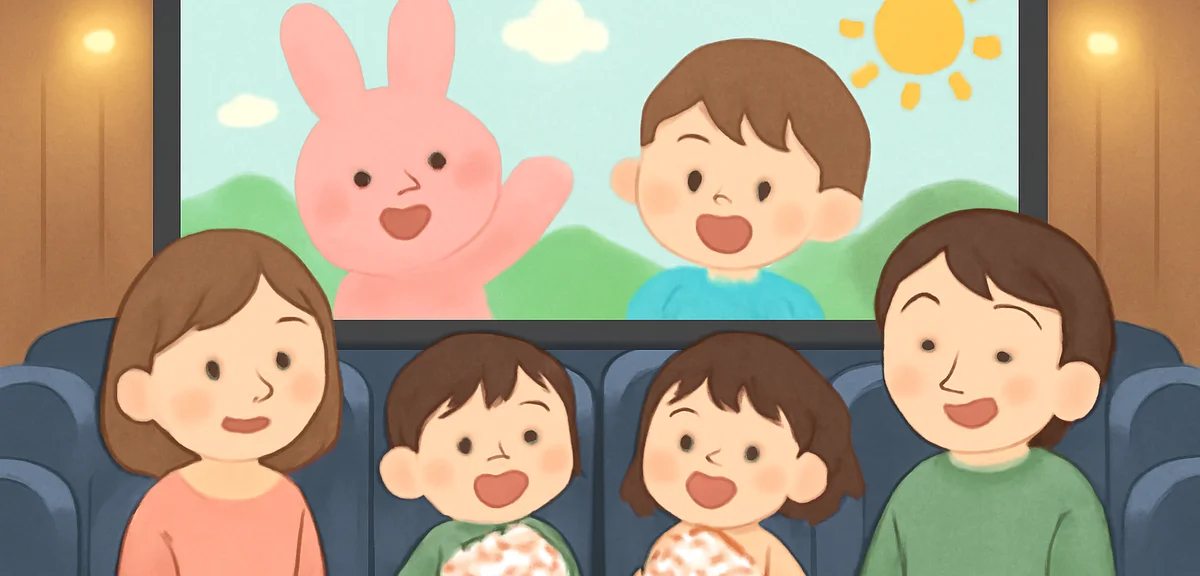 A Japanese family with two children watching an animated movie in a comfortable cinema, large screen