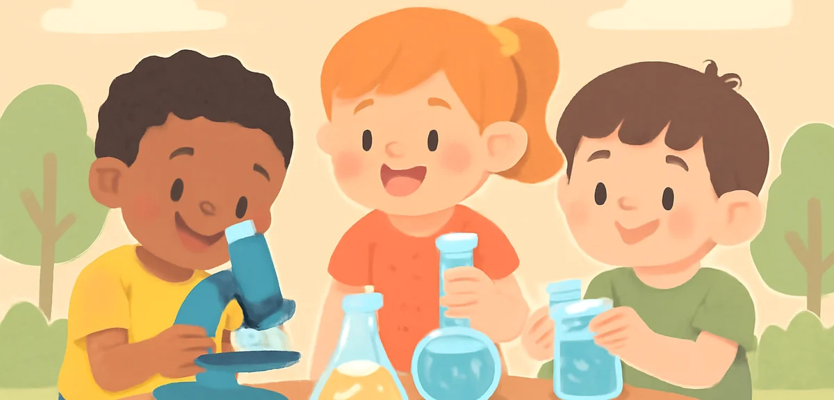 Kids participating in a science workshop with experiments, microscopes and beakers, summer event, wa