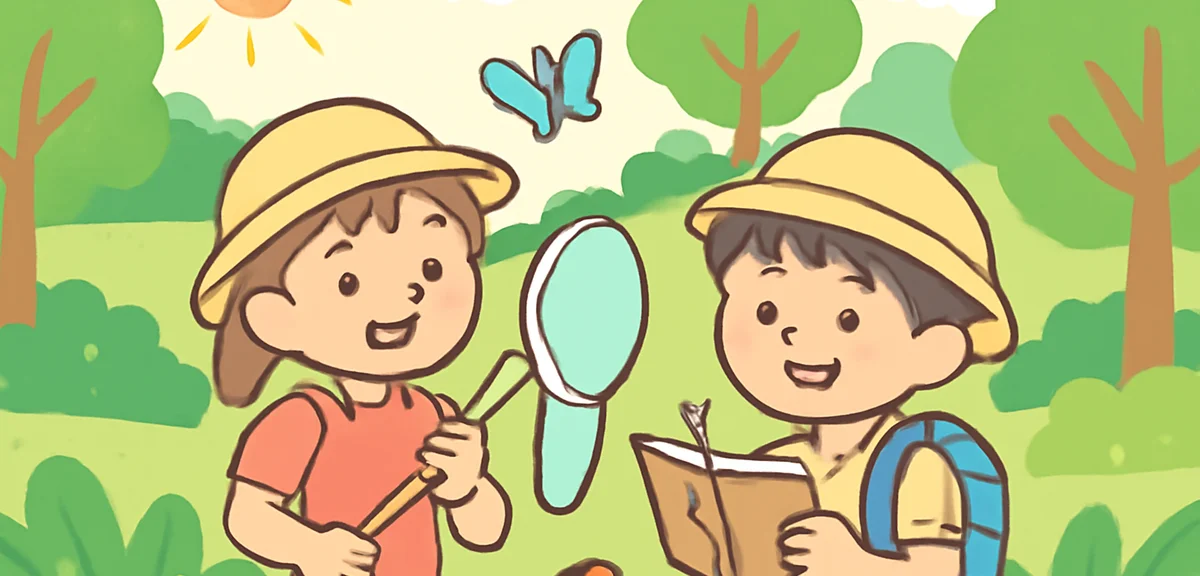 Children exploring nature in a forest with insect nets and observation notebooks, summer field trip,