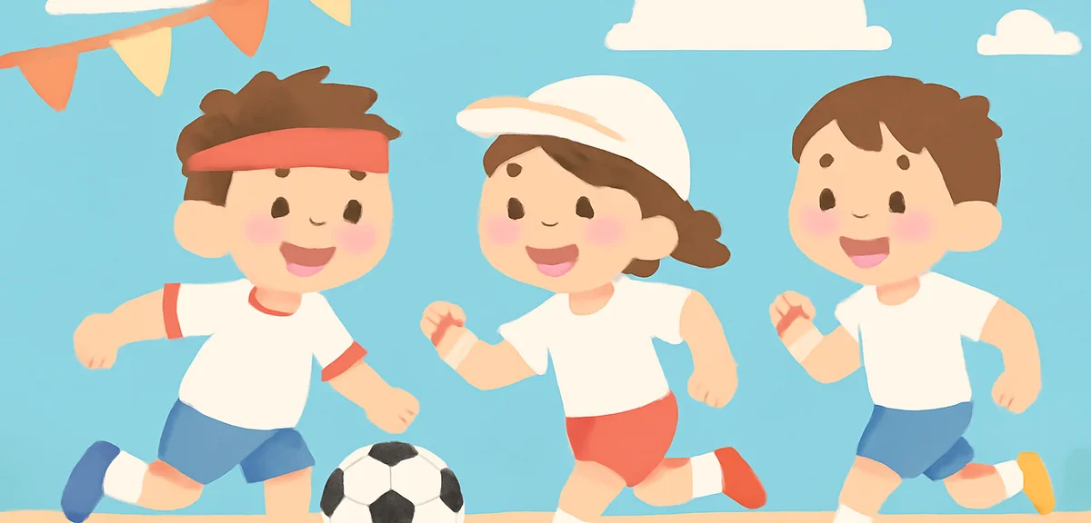 Kids playing sports together at a summer event, soccer and athletics, energetic atmosphere, blue sky