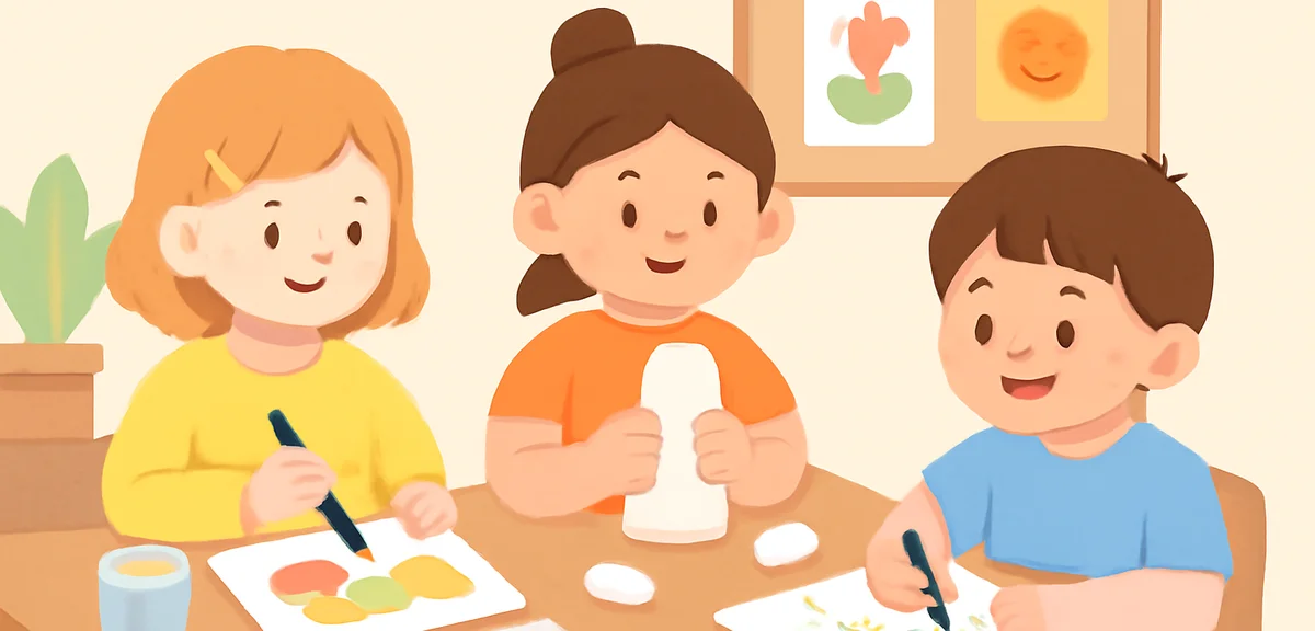 Children doing art and craft activities at a community center, painting and sculpture, creative summ