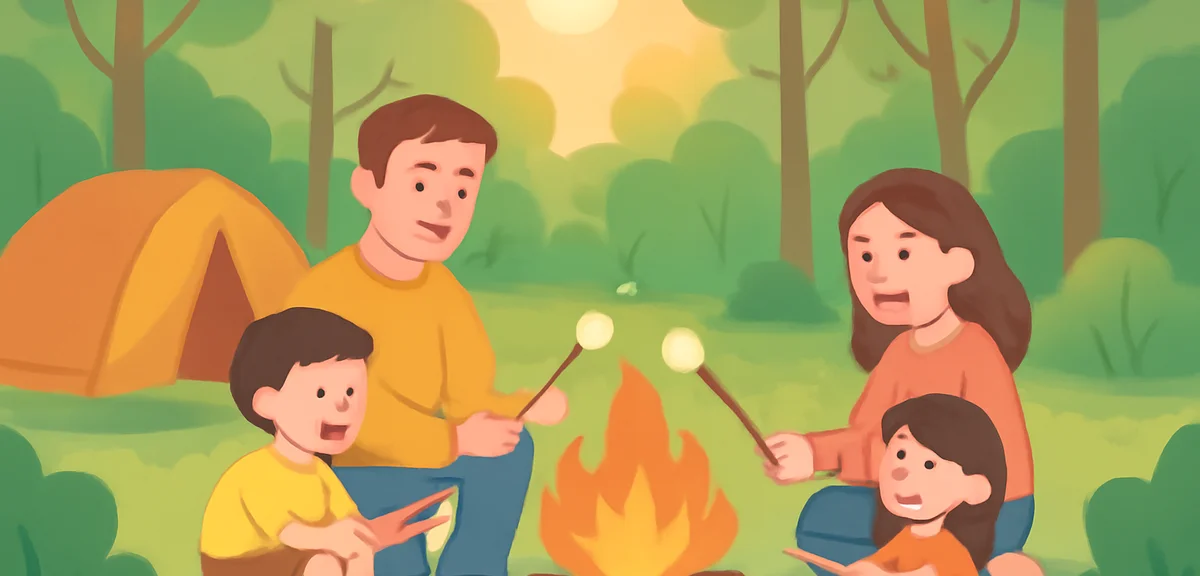 A family camping in a green forest with a tent and bonfire, children roasting marshmallows, golden h