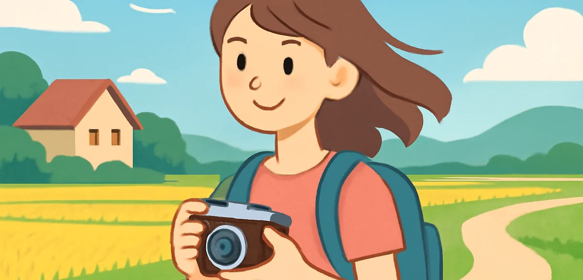 A young woman traveling alone in a peaceful Japanese countryside, holding a camera, blue sky and ric