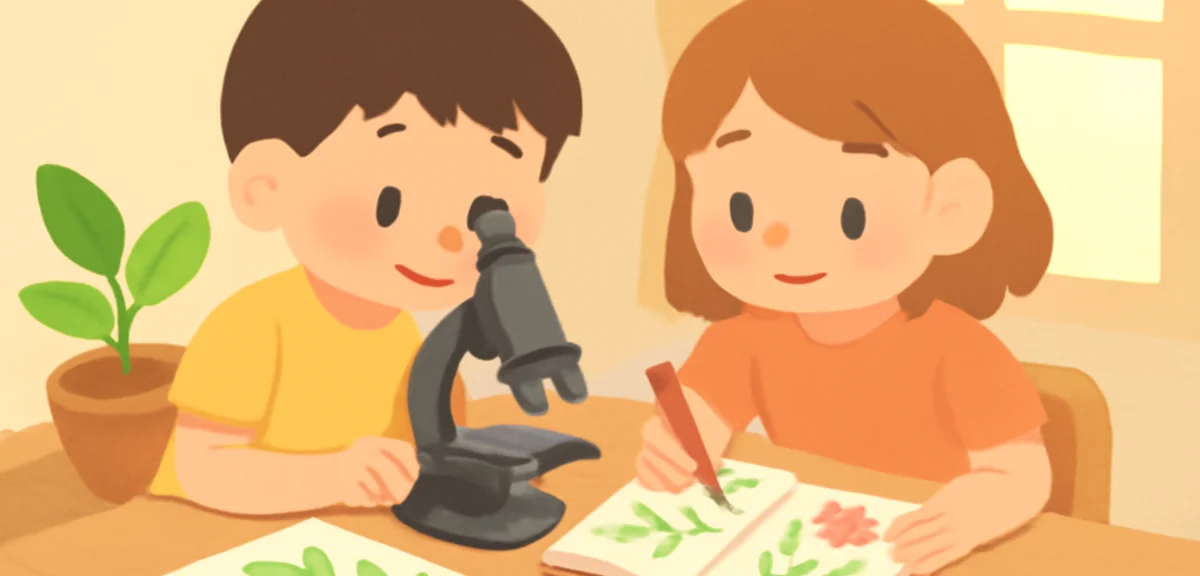 Children working on a summer free-research project on a wooden desk, microscope, plant specimens, no