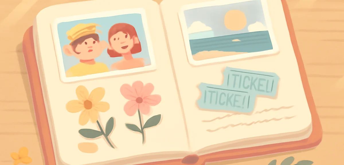 A scrapbook album with summer photos, pressed flowers, ticket stubs, handwritten diary entries, soft