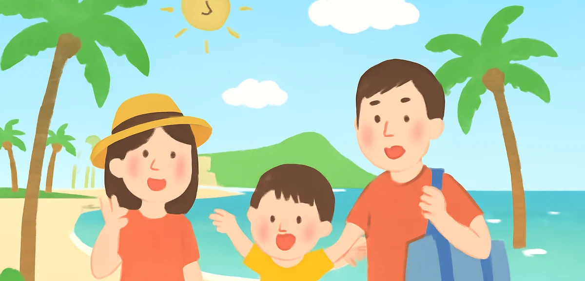 Hawaii Waikiki beach with palm trees, family enjoying summer vacation, clear blue ocean, sunny sky, 