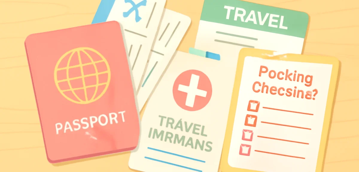 Passport, airline tickets, travel insurance documents and packing checklist on wooden table, summer 