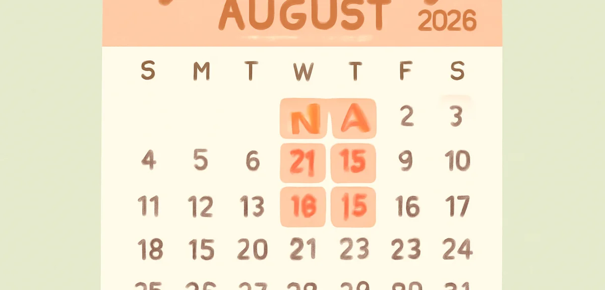A clean illustrated calendar page showing August 2026 with marked holidays like Mountain Day and Obo