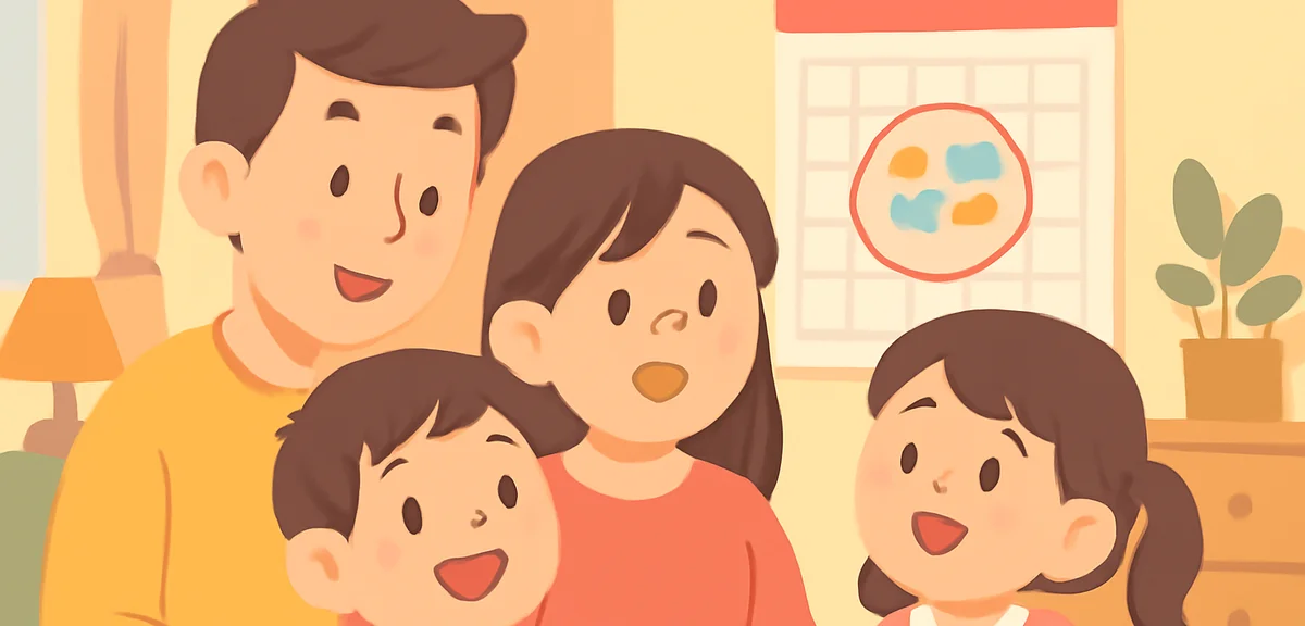 A Japanese family with children looking at a wall calendar, planning summer trips, smiling parents a