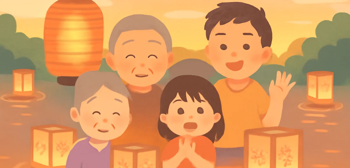 A peaceful Obon scene in Japan with traditional lanterns and family gathering, summer evening, warm 