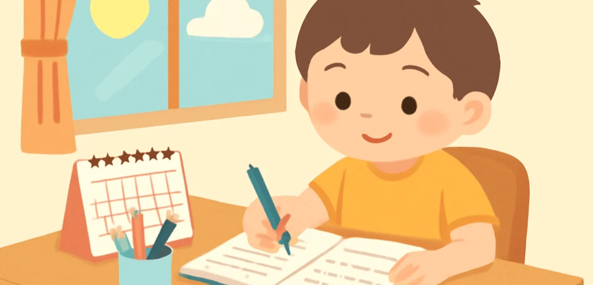 A child writing summer homework schedule on a notebook with calendar nearby, study desk with station