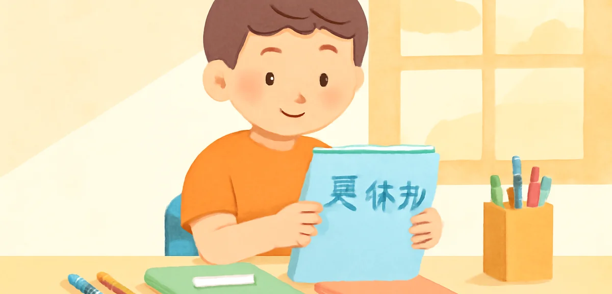 A Japanese elementary school student organizing summer homework on a desk, pencils and notebooks nea