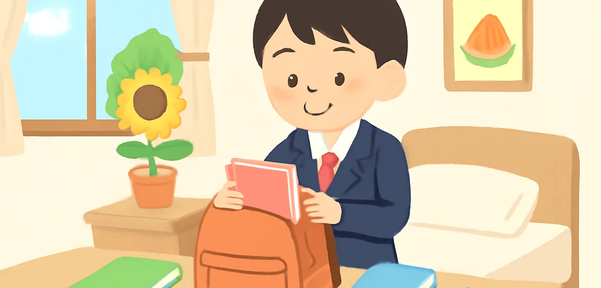 A Japanese middle school student preparing school supplies and a backpack for the new term, fresh st