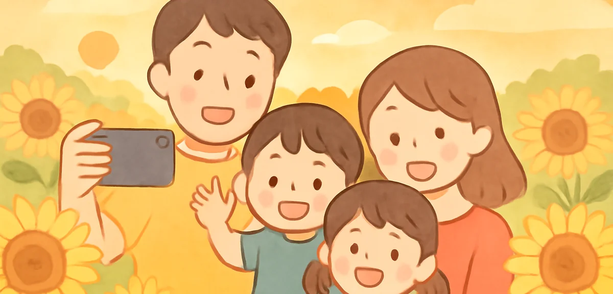A Japanese family taking a photo together in a sunflower field at the end of summer, smiling faces, 