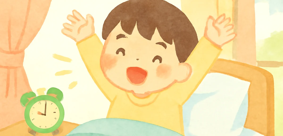 A Japanese child waking up early in the morning with sunlight streaming through the curtains, alarm 