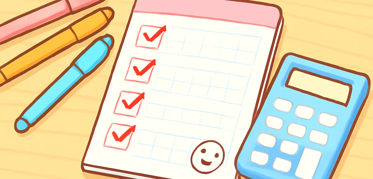 A close-up of a Japanese elementary school homework notebook with a checklist, colored pens, and a c