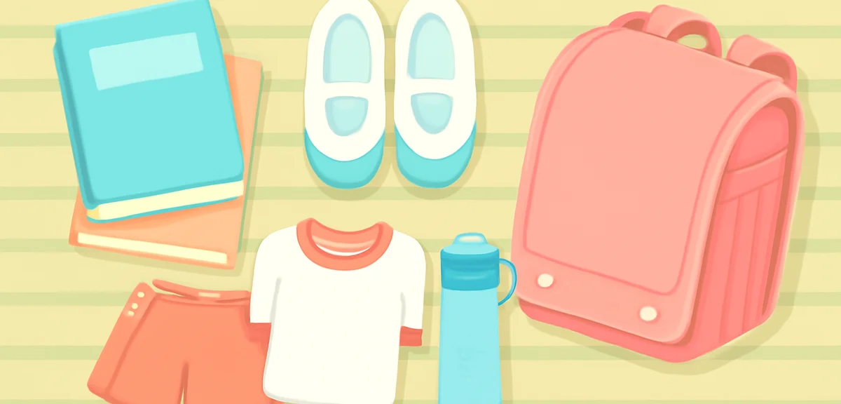 A neatly organized school supplies layout: textbooks, indoor shoes (uwabaki), gym clothes folded, wa