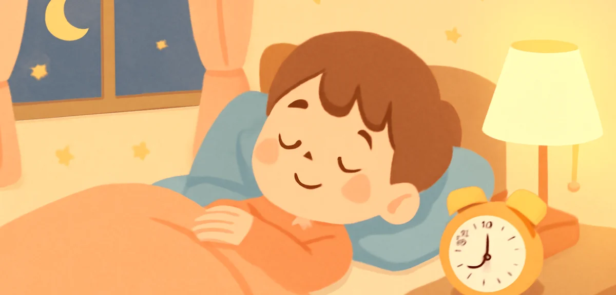 A Japanese child going to bed early with an alarm clock set on the bedside table, soft warm lighting