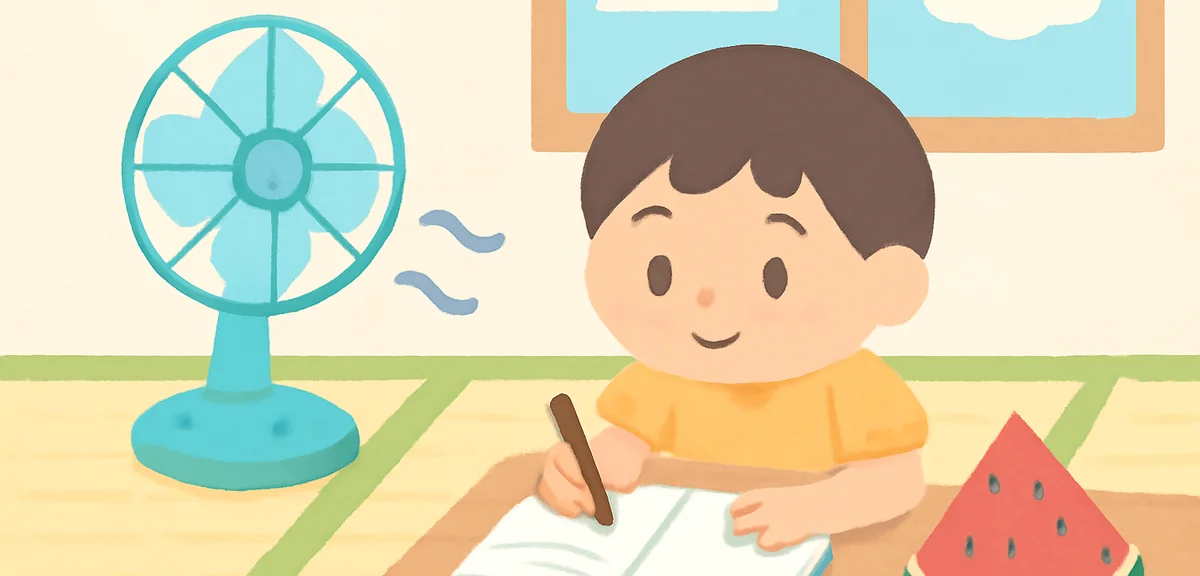 A child writing haiku in a notebook on a tatami floor during summer vacation, electric fan and water
