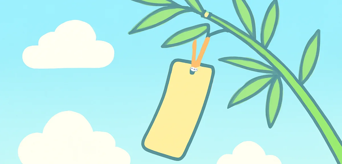 A peaceful summer afternoon scene with a haiku tanzaku (poem strip) hanging from a bamboo branch, bl