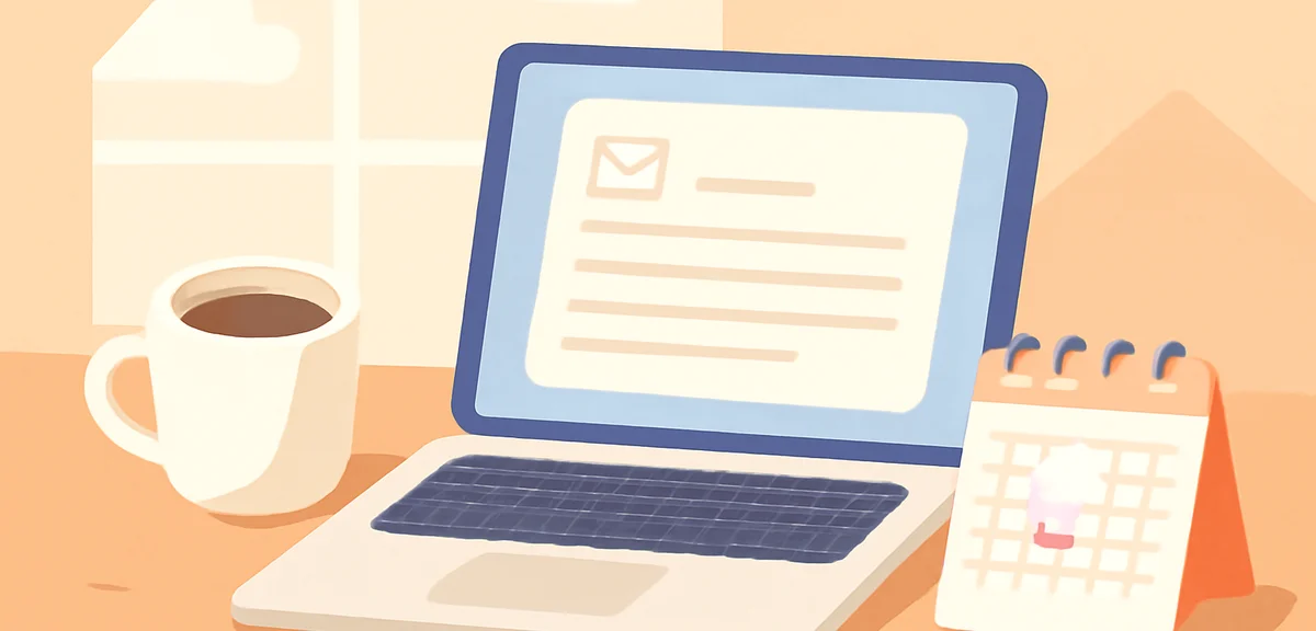 Business desk scene with a laptop showing an email draft, a cup of coffee, and a small calendar mark