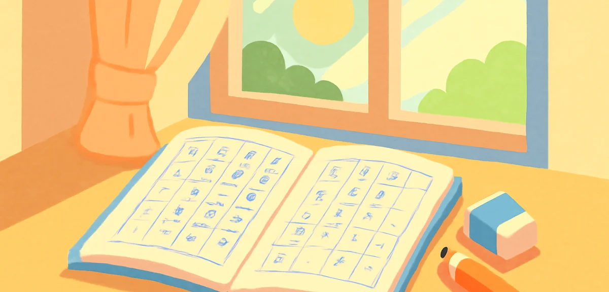 Open elementary school notebook with handwritten Japanese composition about summer, pencil and erase