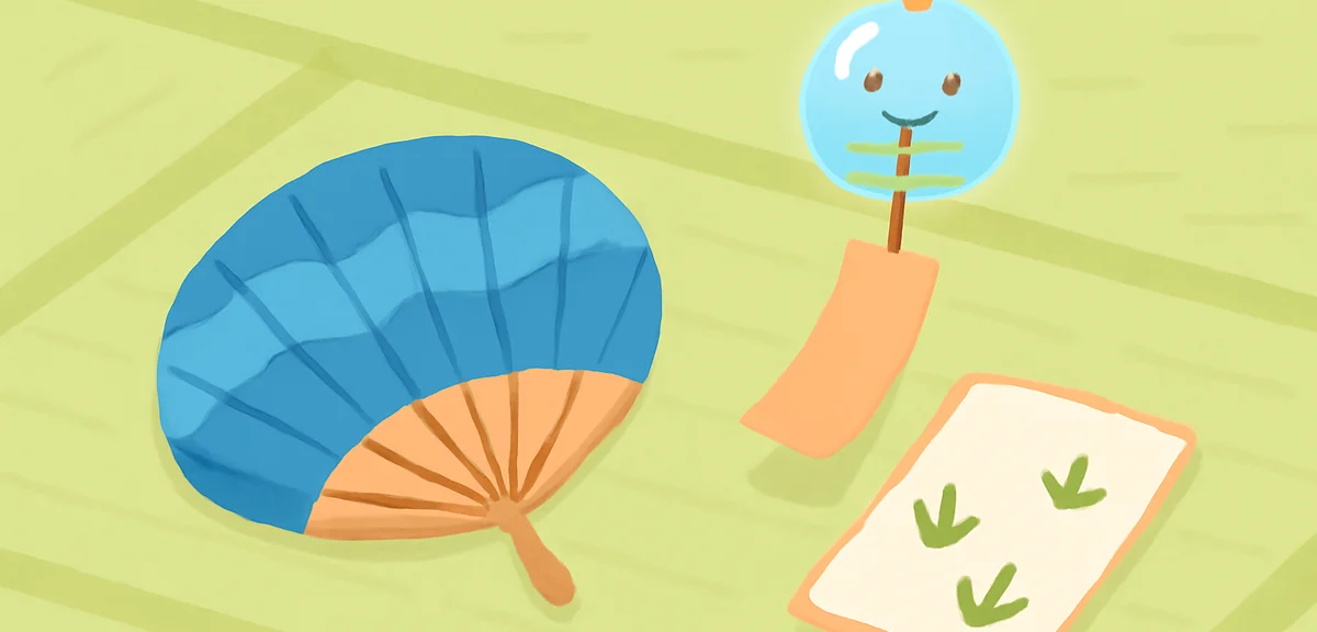 Traditional Japanese summer scene with a folding fan, wind chime (furin), and a haiku card on a tata