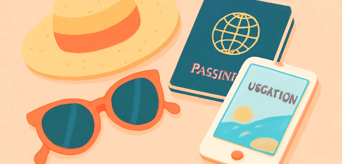 Casual summer travel flat lay with sunglasses, a passport, a beach hat, and a smartphone showing a v