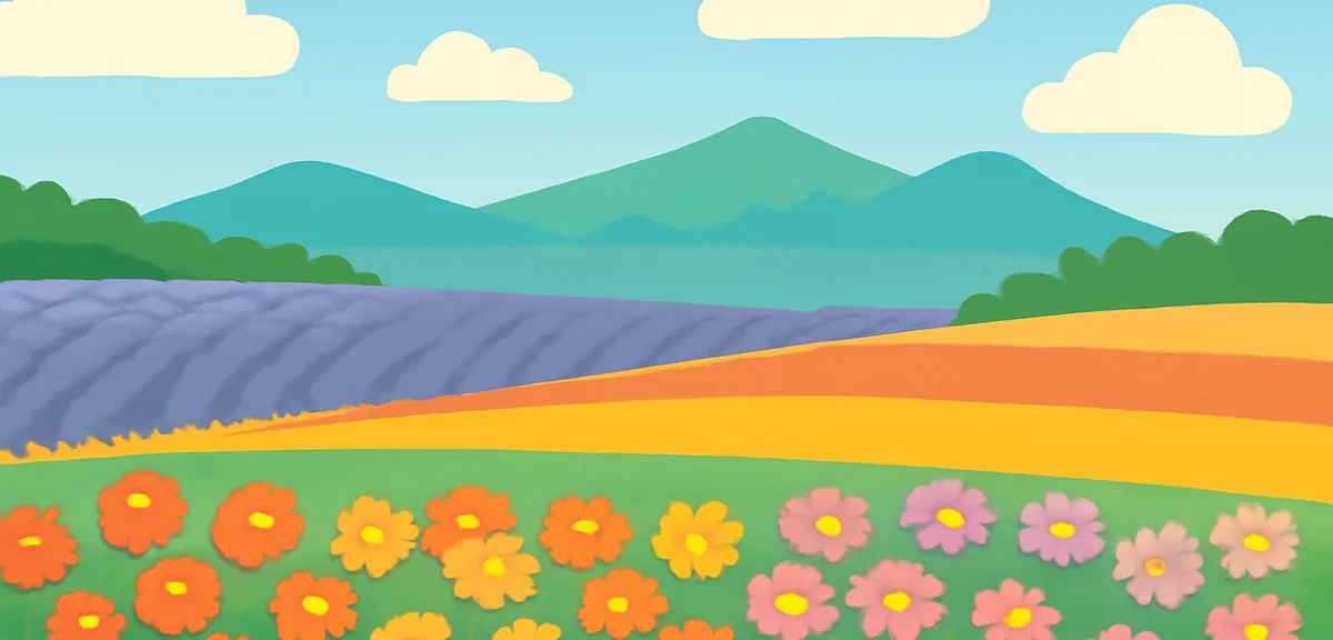 Hokkaido summer flower fields in Furano, lavender and colorful flowers, blue sky, distant mountains,