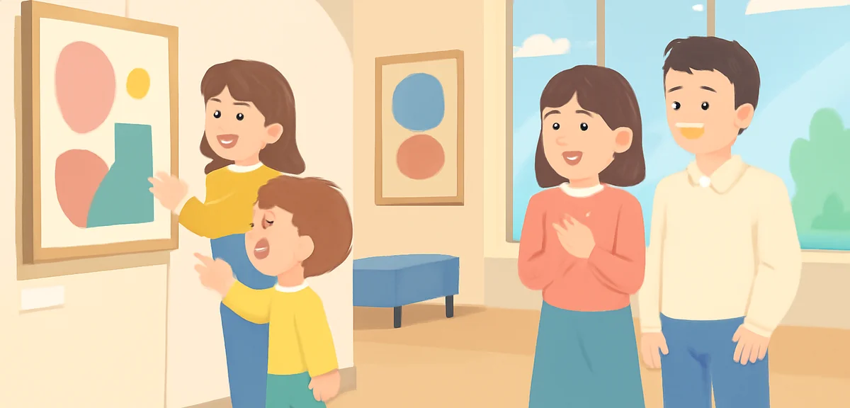 Indoor cool spot, modern art museum interior with families, large windows, comfortable atmosphere, p