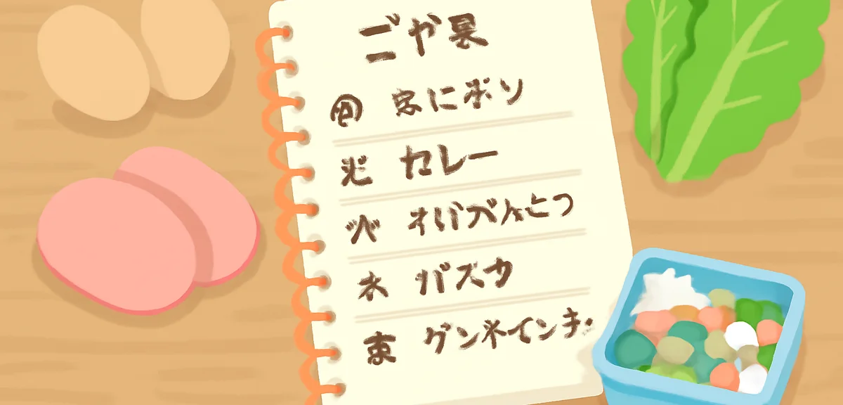 A weekly meal plan notebook with handwritten Japanese lunch ideas, surrounded by ingredients like eg