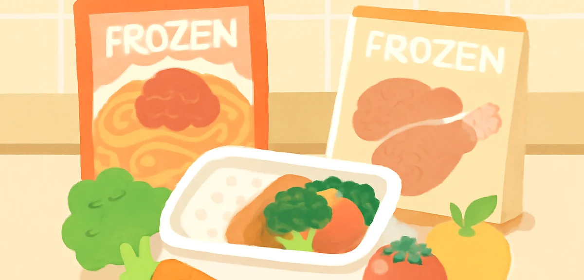 Frozen food packages and convenience store deli items arranged on a kitchen counter with fresh veget