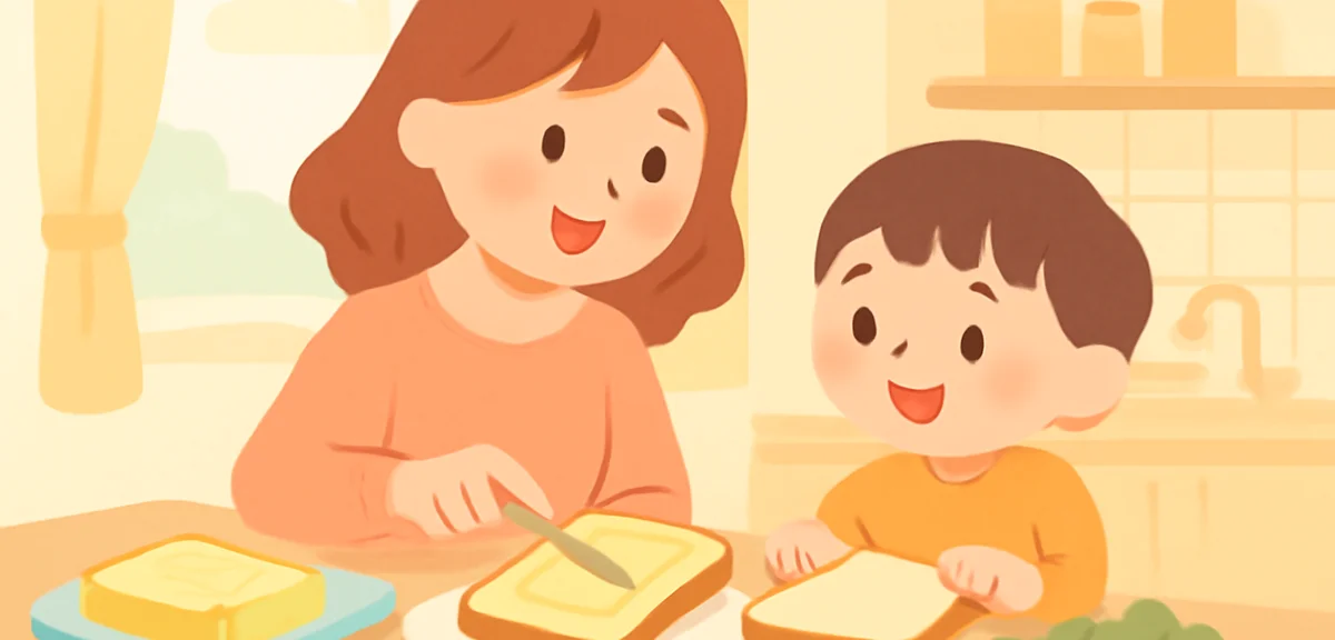 A mother and child preparing a quick lunch together in a sunny kitchen, smiling, with simple ingredi